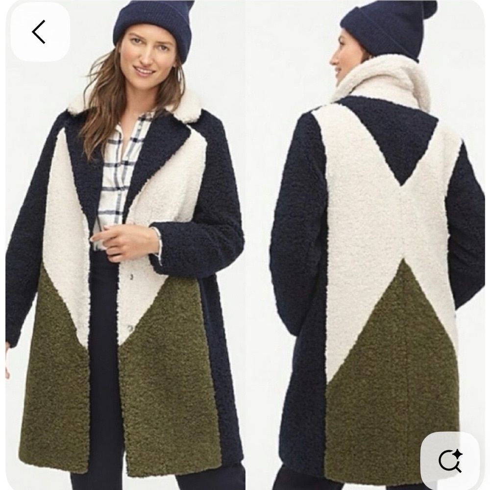J.Crew Women’s Teddy Sherpa Colorblock Thick Coat Green Ivory Navy Blue - Picture 2 of 13
